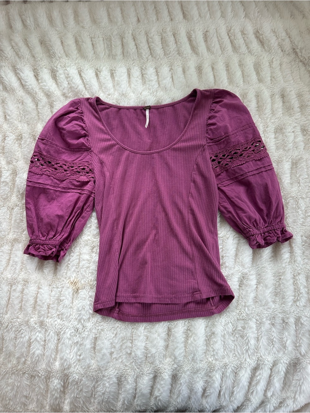 Free People Purple Puff Sleeve Scoop Neck Top Size S